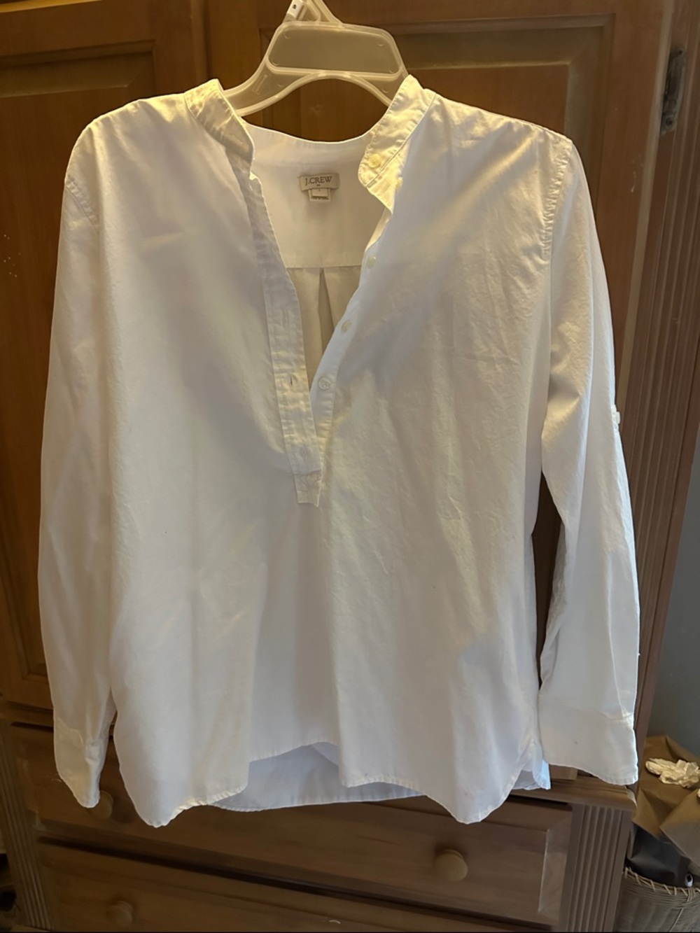 J. Crew Factory Men's White Cotton Band-Collar Button Popover Shirt